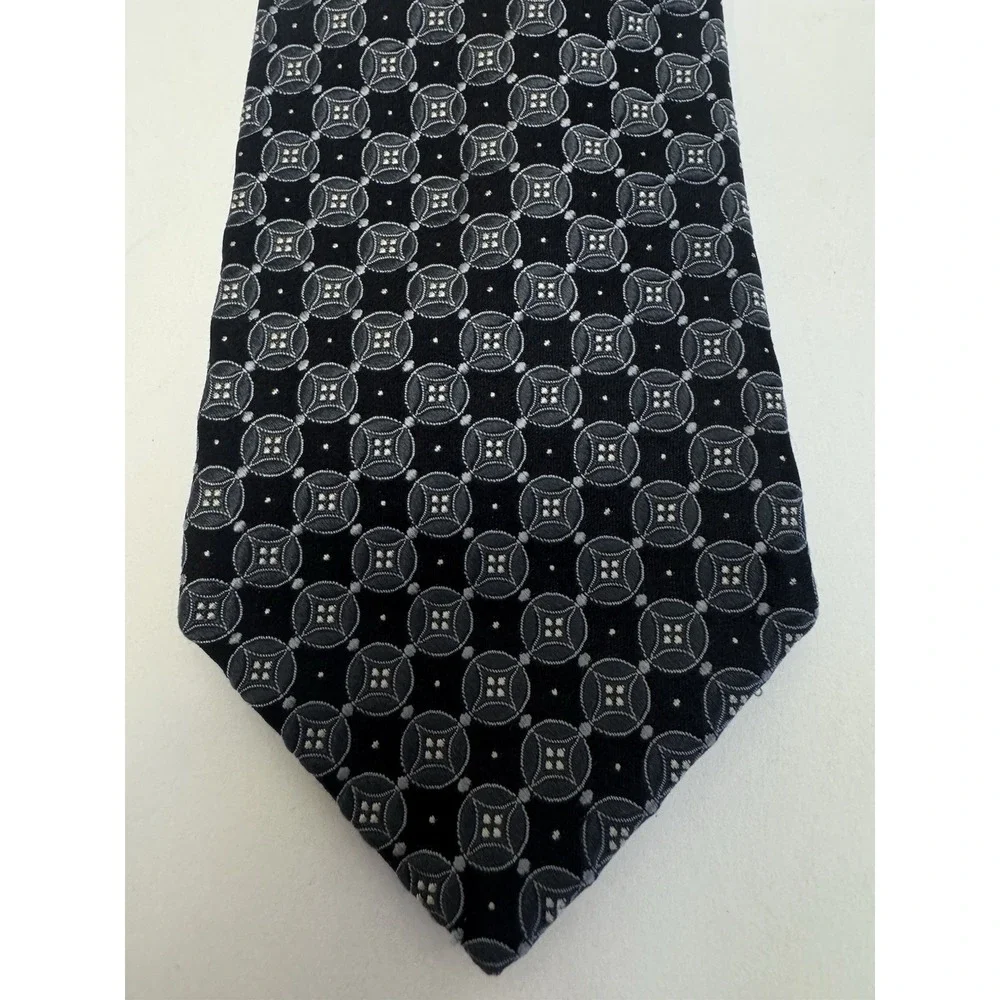 INE BEHAR BLACK GREY Neck Tie Medallion‎ Silk Neck Tie Hand Tailored EXC